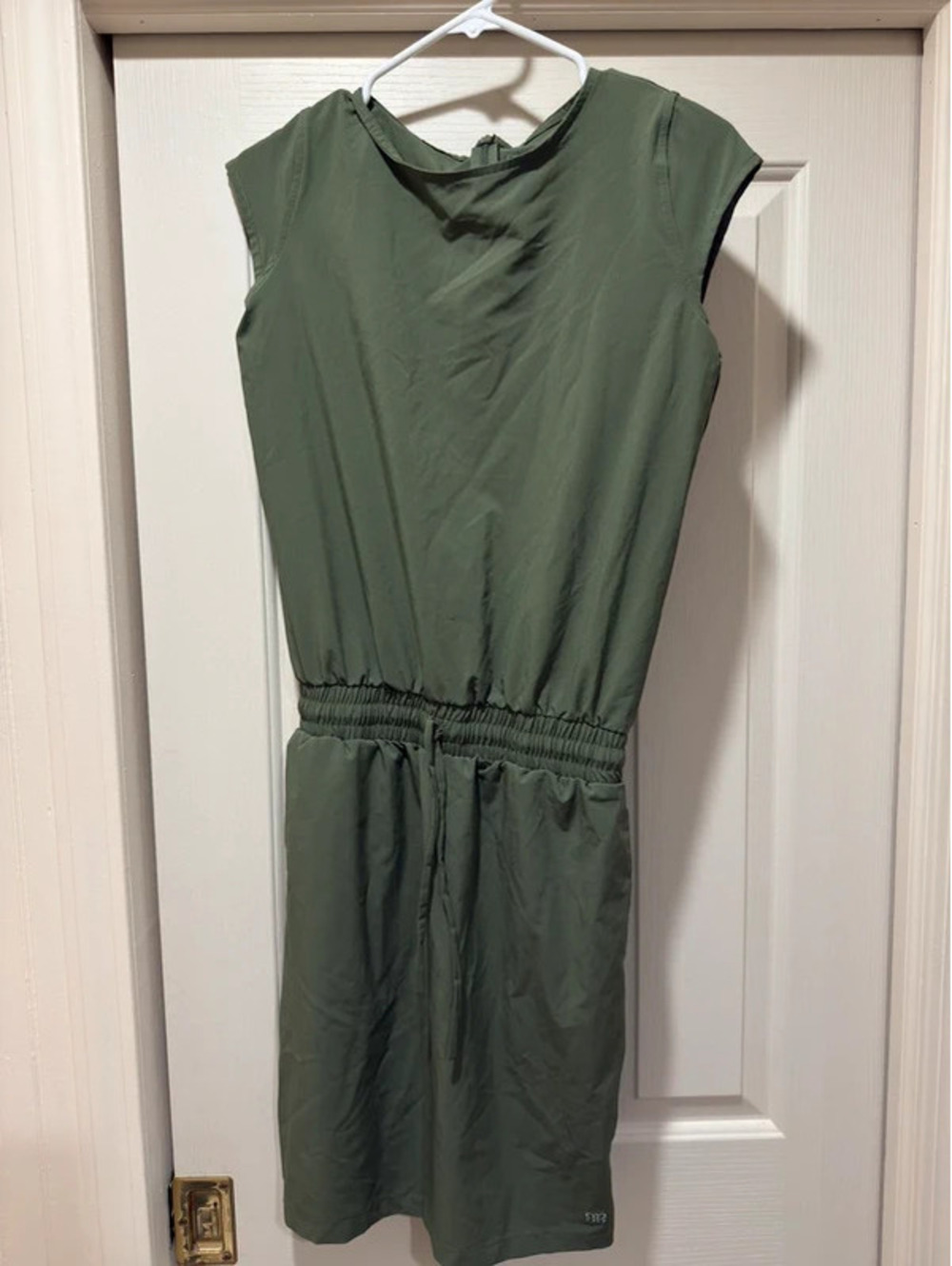Albion Fit Olive Green Cap Sleeve Drawstring Waist Dress